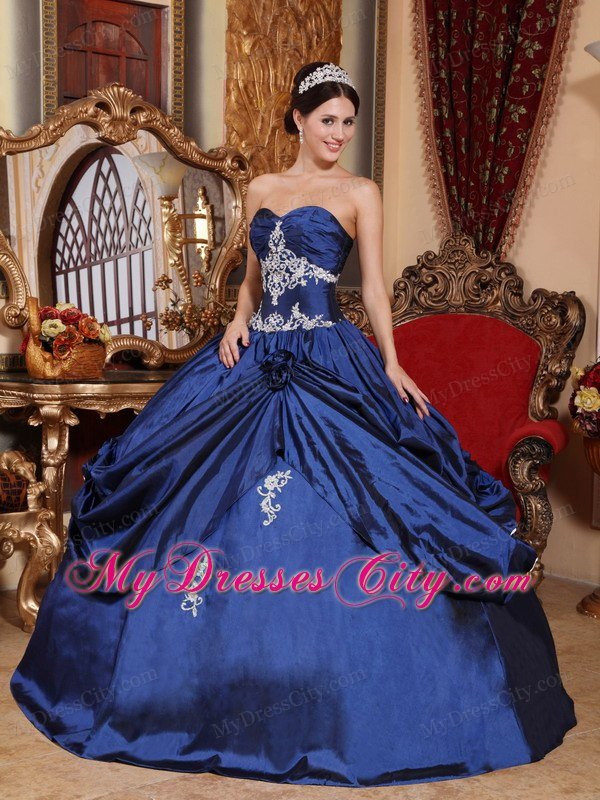 Sweetheart Taffeta Appliques Flowers 2013 Navy Blue Quinceanera Dress