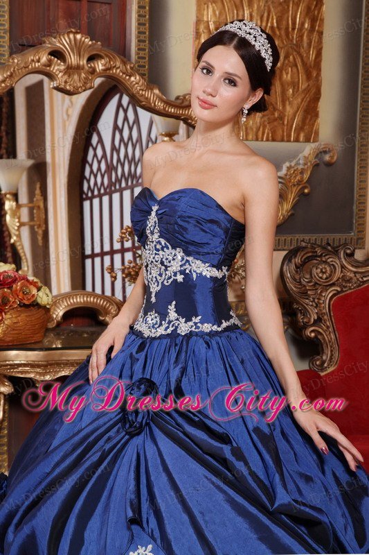 Sweetheart Taffeta Appliques Flowers 2013 Navy Blue Quinceanera Dress