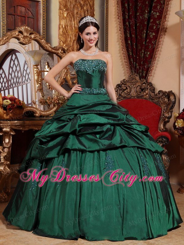 Pick Ups Strapless Beading Bowknot Dark Green Quinceanera Dress