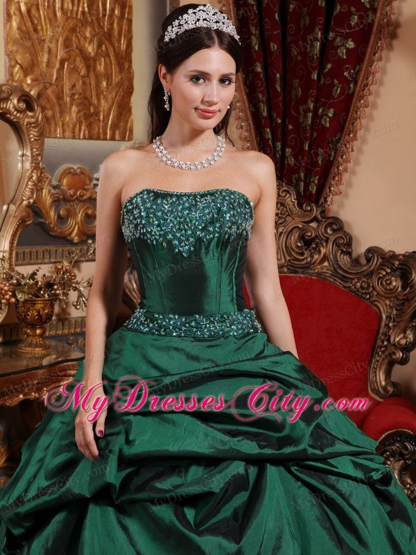 Pick Ups Strapless Beading Bowknot Dark Green Quinceanera Dress