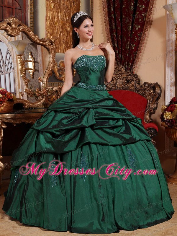 Pick Ups Strapless Beading Bowknot Dark Green Quinceanera Dress