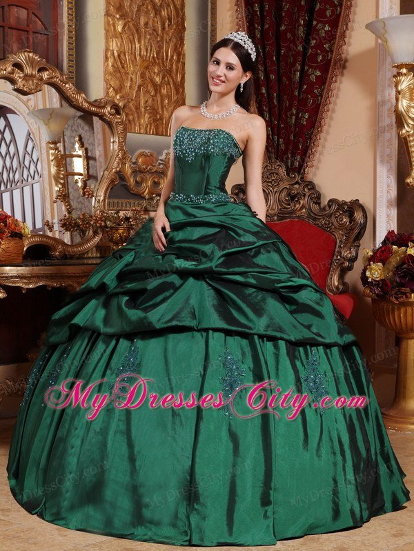 Pick Ups Strapless Beading Bowknot Dark Green Quinceanera Dress