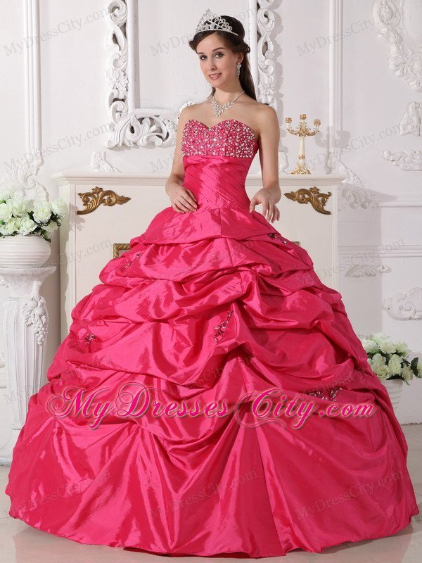 Hot Pink Taffeta Beading Ruched Quinceanera Dress with Pick Ups