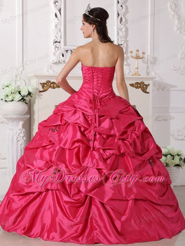 Hot Pink Taffeta Beading Ruched Quinceanera Dress with Pick Ups