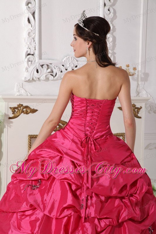 Hot Pink Taffeta Beading Ruched Quinceanera Dress with Pick Ups