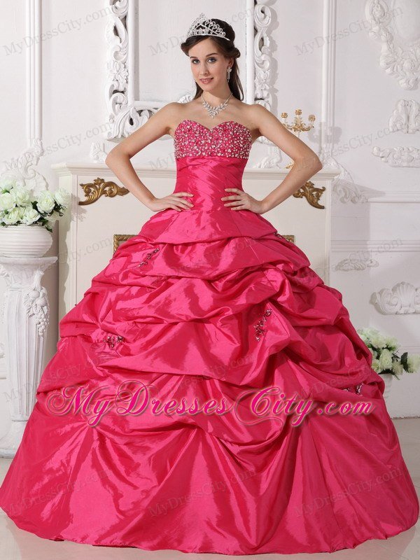 Hot Pink Taffeta Beading Ruched Quinceanera Dress with Pick Ups