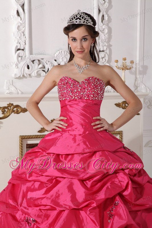 Hot Pink Taffeta Beading Ruched Quinceanera Dress with Pick Ups