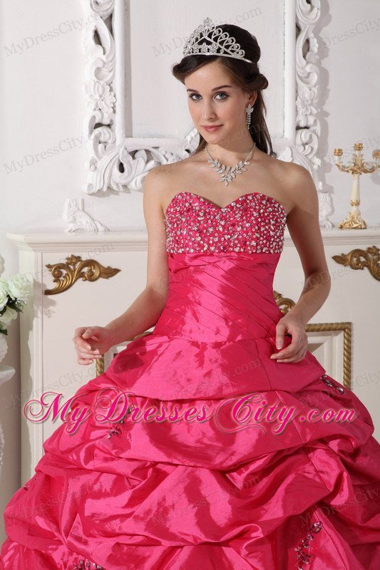 Hot Pink Taffeta Beading Ruched Quinceanera Dress with Pick Ups