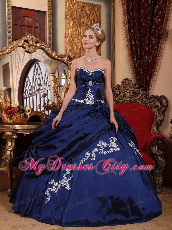 White Appliques Sweetheart Taffeta Pick-ups Blue Quinceanera Dress