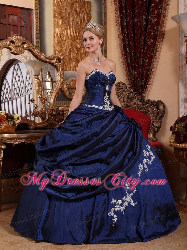 White Appliques Sweetheart Taffeta Pick-ups Blue Quinceanera Dress