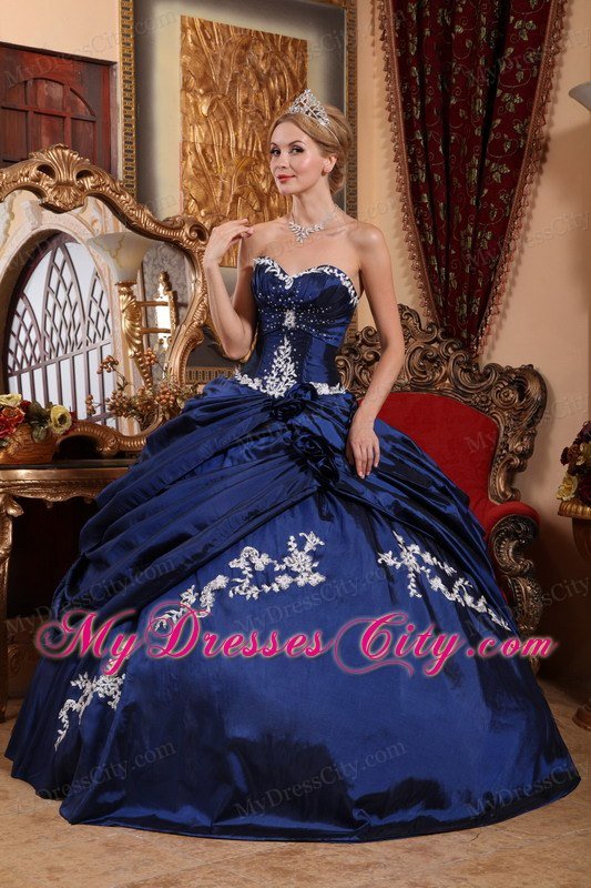 White Appliques Sweetheart Taffeta Pick-ups Blue Quinceanera Dress