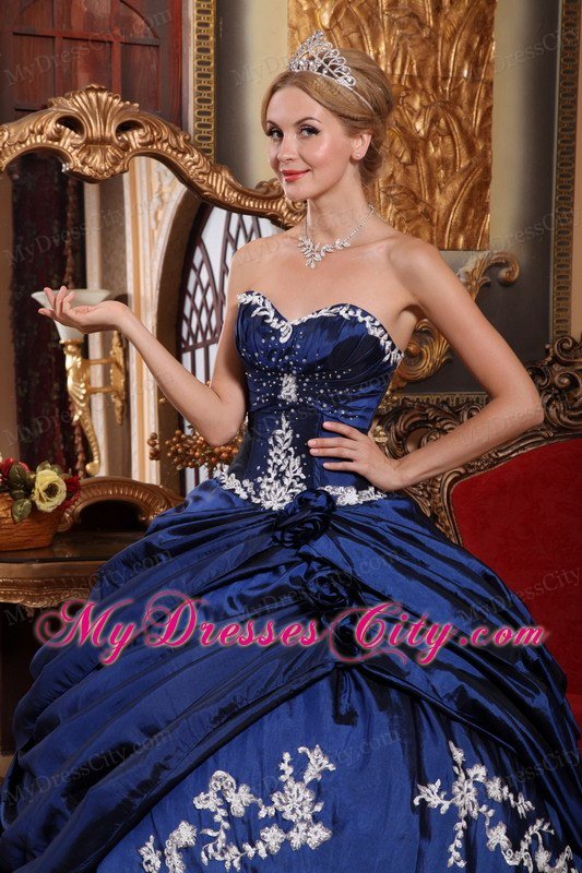 White Appliques Sweetheart Taffeta Pick-ups Blue Quinceanera Dress