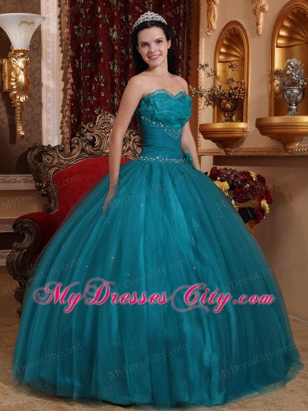 Tulle Sweetheart Ruching Beading Teal Dress for Sweet 15