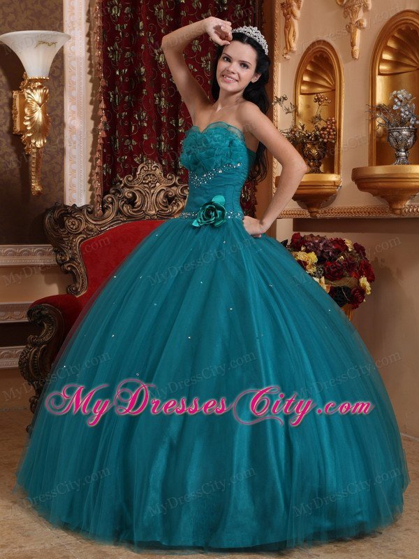 Tulle Sweetheart Ruching Beading Teal Dress for Sweet 15