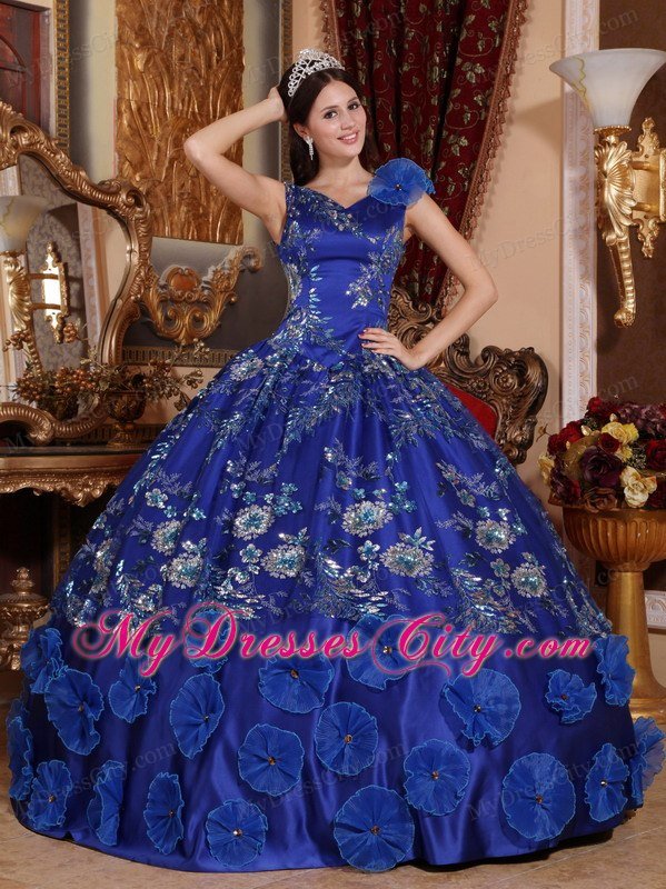 Latest V-neck Beading Flowers Blue Quinceanera Dresses