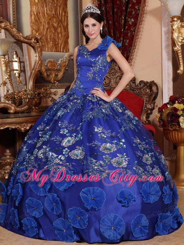 Latest V-neck Beading Flowers Blue Quinceanera Dresses