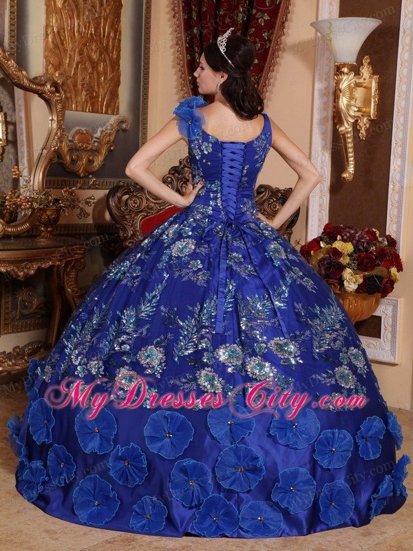 Latest V-neck Beading Flowers Blue Quinceanera Dresses