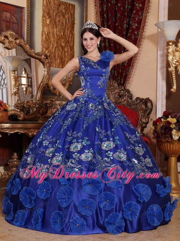 Latest V-neck Beading Flowers Blue Quinceanera Dresses