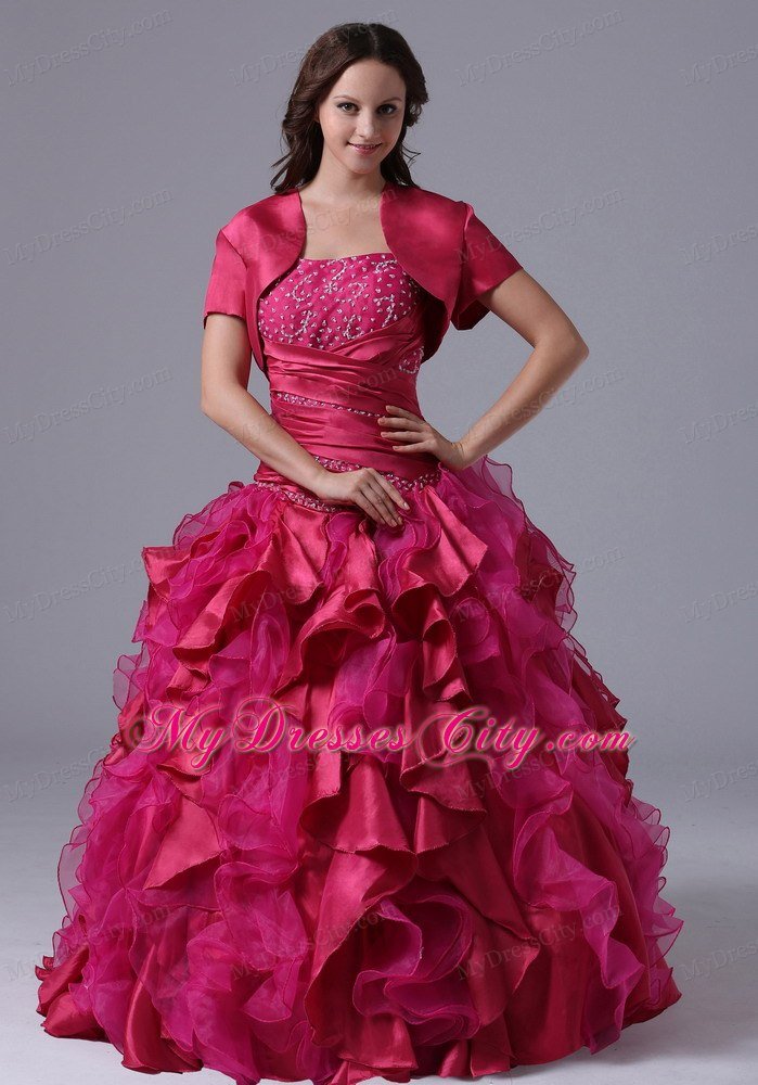 Fuchsia Ruffles Beaded Decorate Ruchs Quinceanera Dress With Jacket