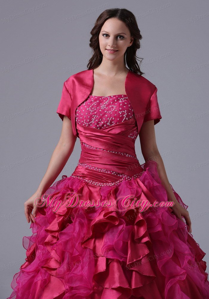 Fuchsia Ruffles Beaded Decorate Ruchs Quinceanera Dress With Jacket