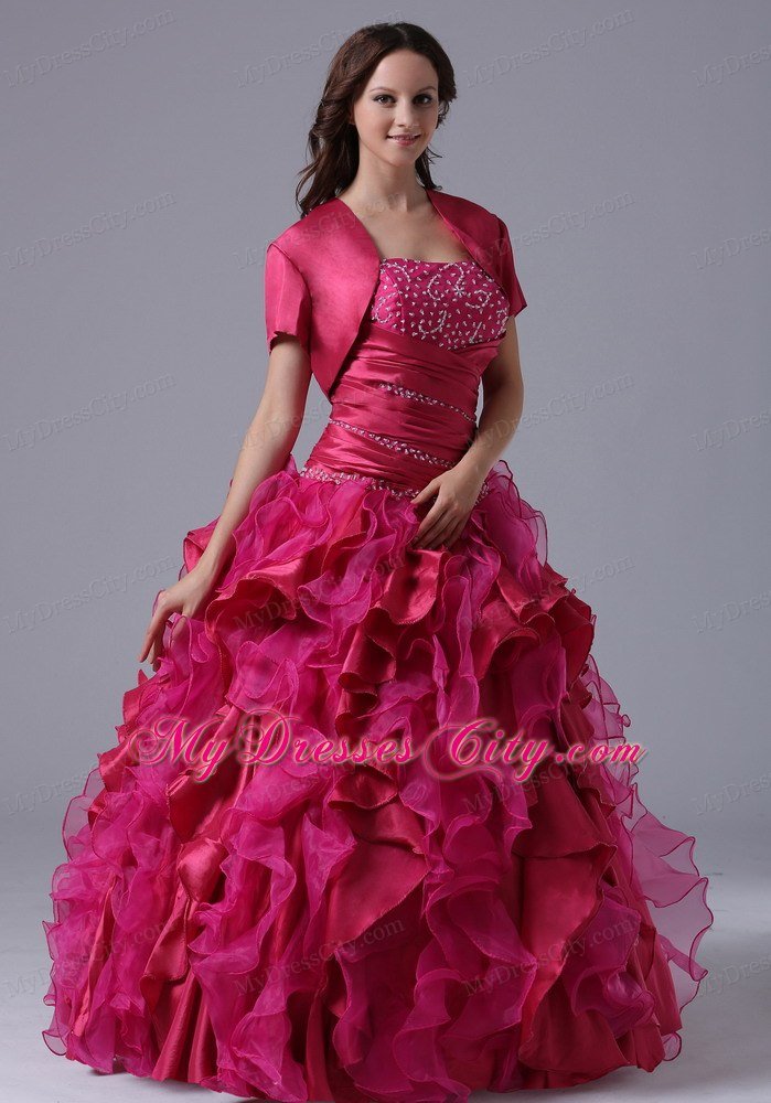 Fuchsia Ruffles Beaded Decorate Ruchs Quinceanera Dress With Jacket