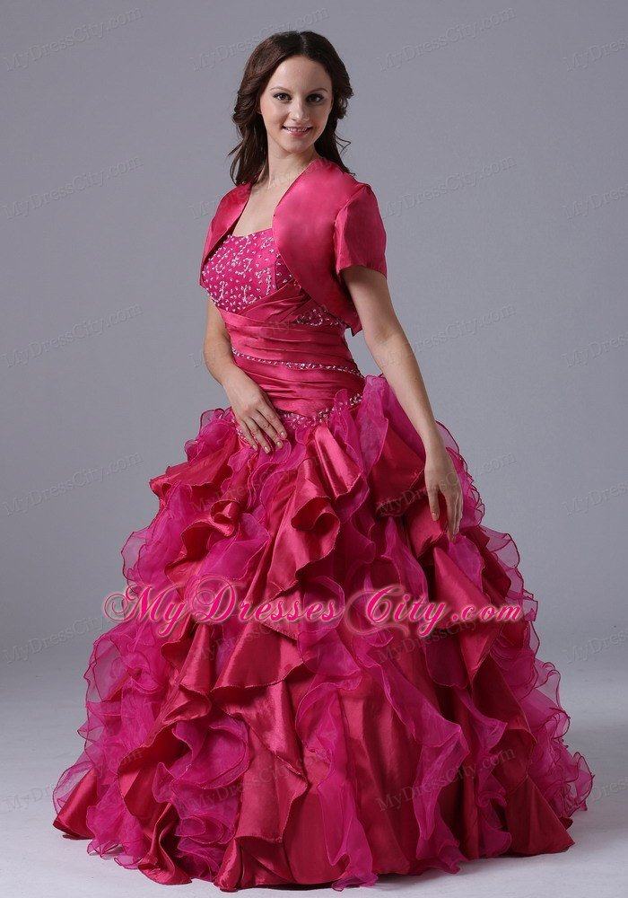 Fuchsia Ruffles Beaded Decorate Ruchs Quinceanera Dress With Jacket