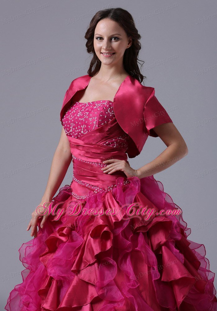 Fuchsia Ruffles Beaded Decorate Ruchs Quinceanera Dress With Jacket