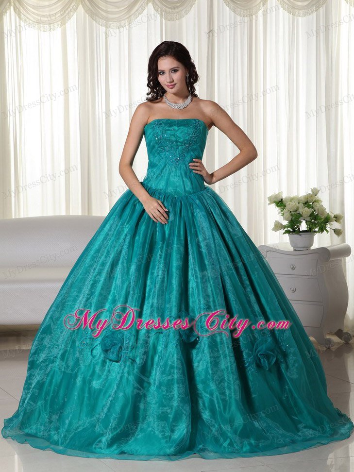 Ruched Strapless Organza Flowers Turquoise Quinceanera Dress