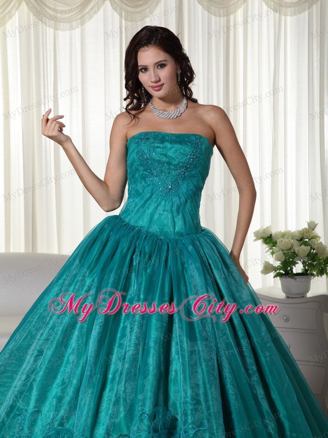 Ruched Strapless Organza Flowers Turquoise Quinceanera Dress