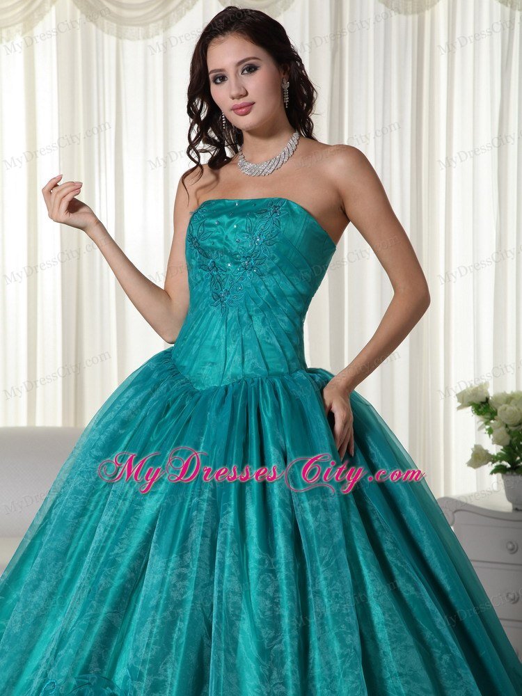 Ruched Strapless Organza Flowers Turquoise Quinceanera Dress