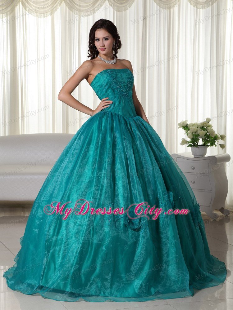 Ruched Strapless Organza Flowers Turquoise Quinceanera Dress