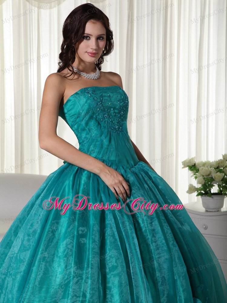 Ruched Strapless Organza Flowers Turquoise Quinceanera Dress