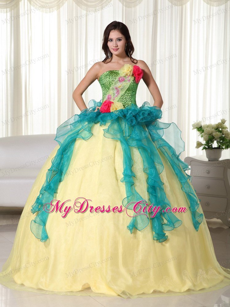 Colorful Strapless Flowers Sequined Sweet 15 16 Birthday Dress