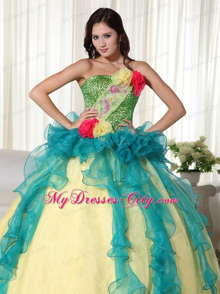 Colorful Strapless Flowers Sequined Sweet 15 16 Birthday Dress