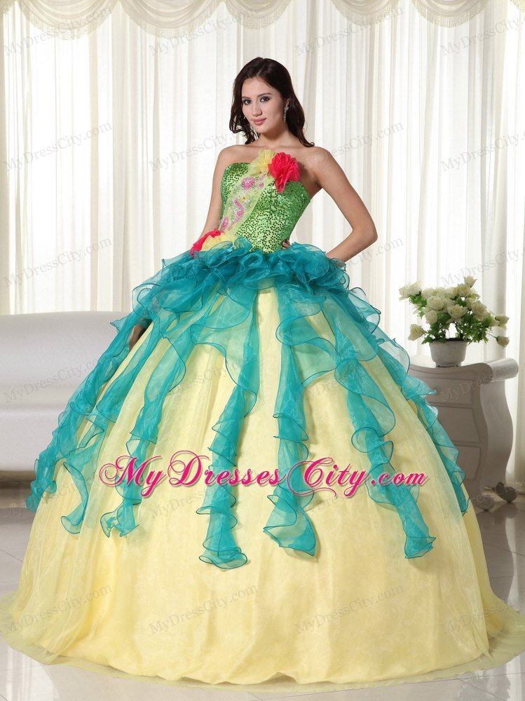 Colorful Strapless Flowers Sequined Sweet 15 16 Birthday Dress