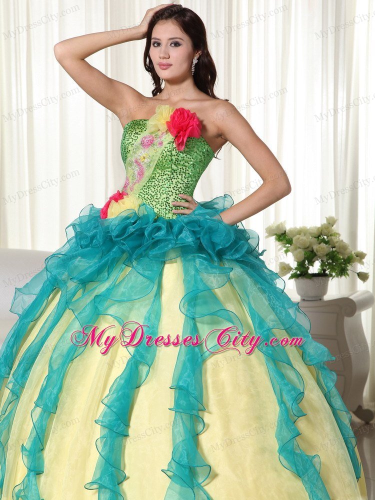 Colorful Strapless Flowers Sequined Sweet 15 16 Birthday Dress