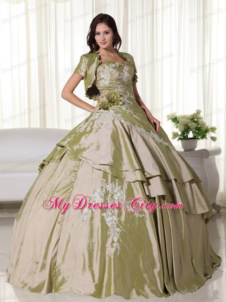 Olive Green Taffeta Appliques Ruches 2013 Quinceanera Dresses