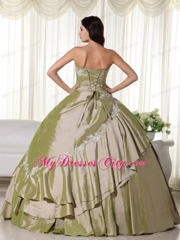 Olive Green Taffeta Appliques Ruches 2013 Quinceanera Dresses