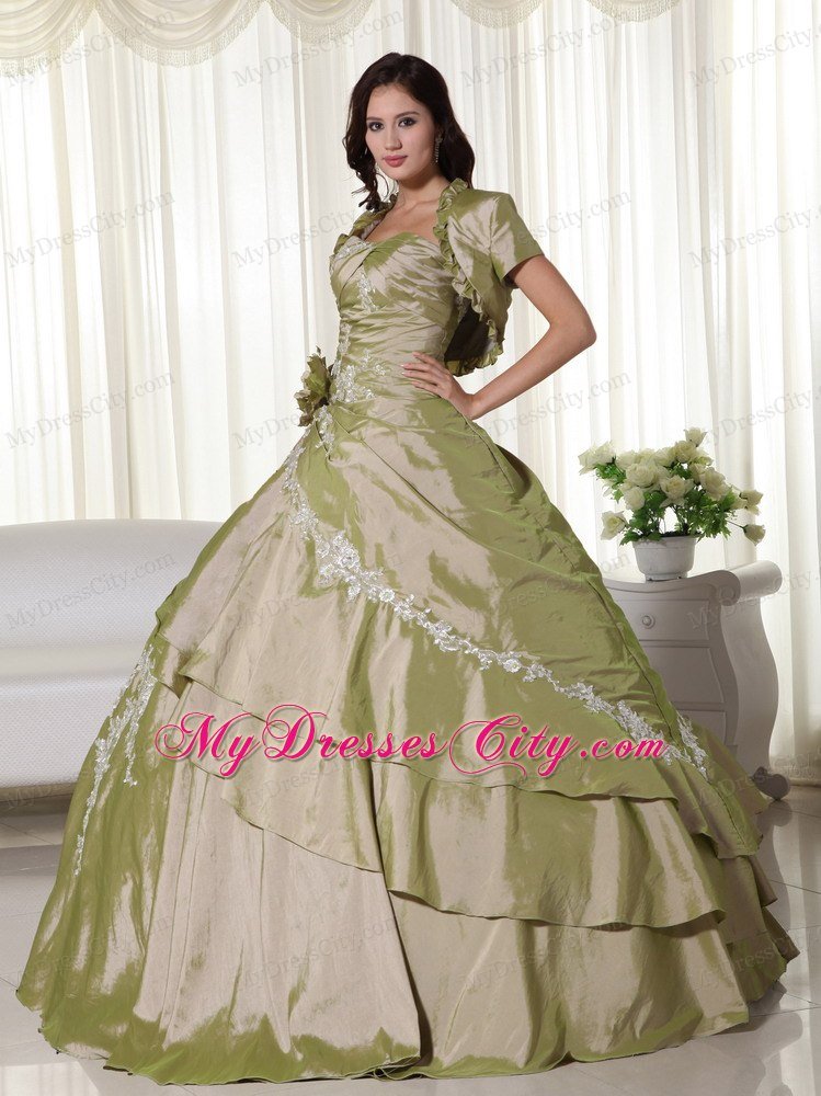 Olive Green Taffeta Appliques Ruches 2013 Quinceanera Dresses