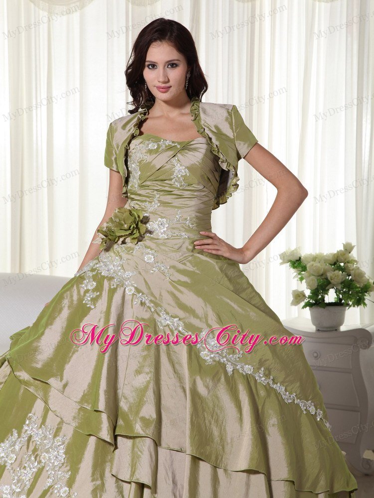 Olive Green Taffeta Appliques Ruches 2013 Quinceanera Dresses