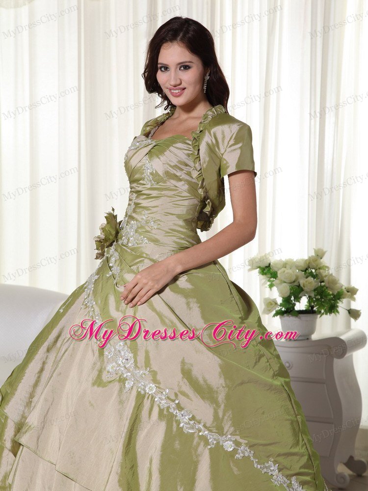 Olive Green Taffeta Appliques Ruches 2013 Quinceanera Dresses