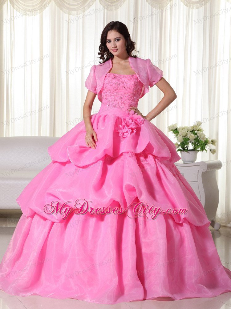 Organza Hand Flowers Tiered Rose Pink Quinceanera Dress with Jacket