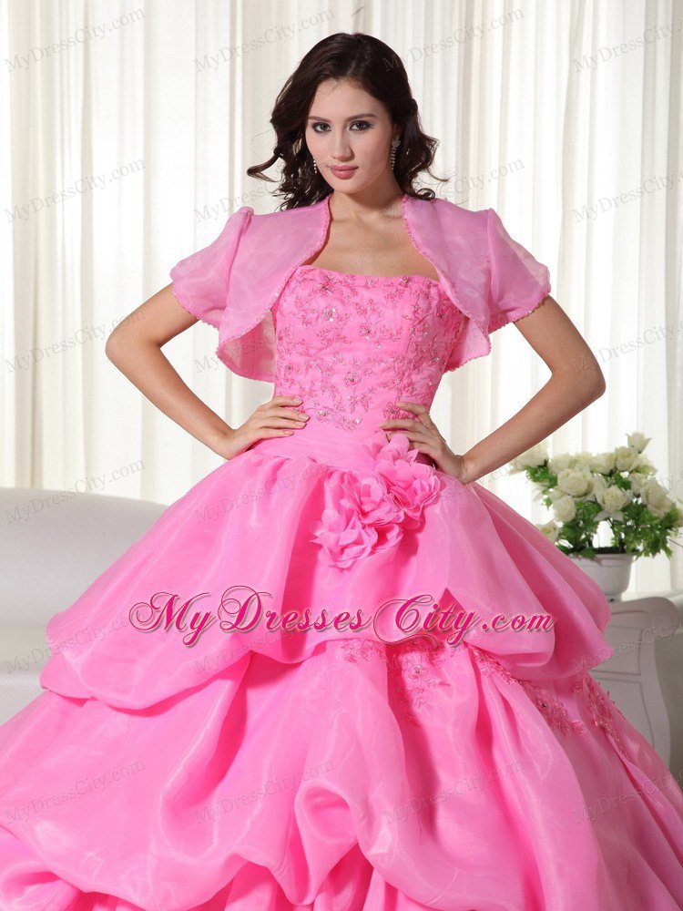 Organza Hand Flowers Tiered Rose Pink Quinceanera Dress with Jacket