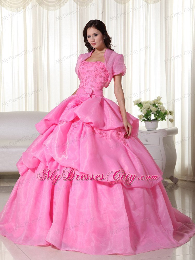 Organza Hand Flowers Tiered Rose Pink Quinceanera Dress with Jacket