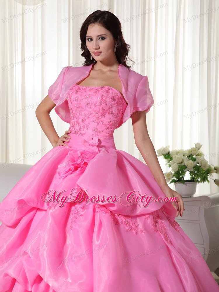 Organza Hand Flowers Tiered Rose Pink Quinceanera Dress with Jacket