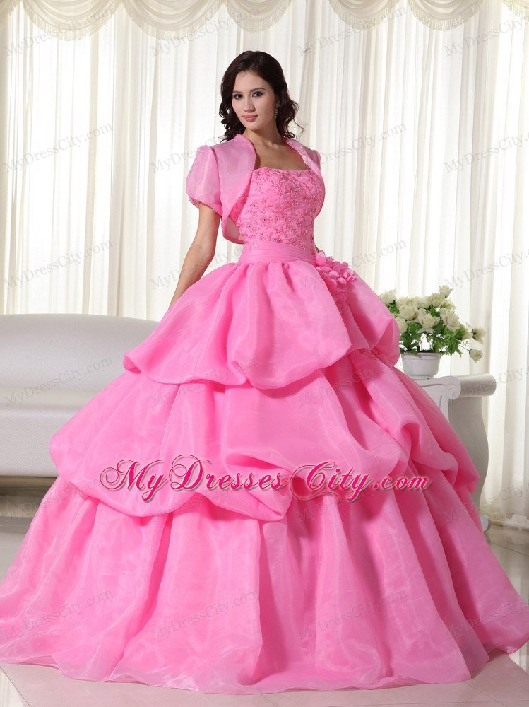 Organza Hand Flowers Tiered Rose Pink Quinceanera Dress with Jacket