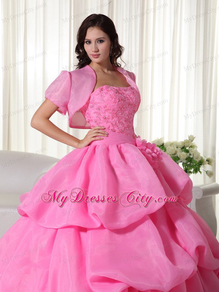 Organza Hand Flowers Tiered Rose Pink Quinceanera Dress with Jacket