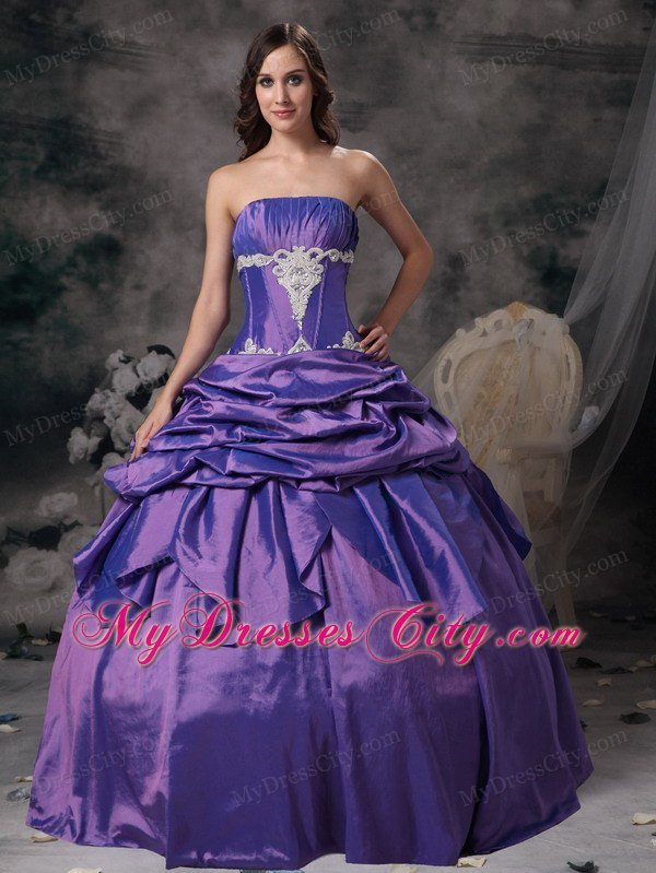 Strapless Taffeta Appliques Purple Dress for Quinceanera