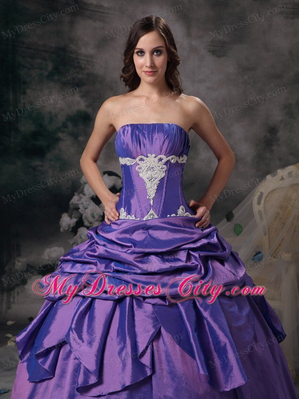 Strapless Taffeta Appliques Purple Dress for Quinceanera