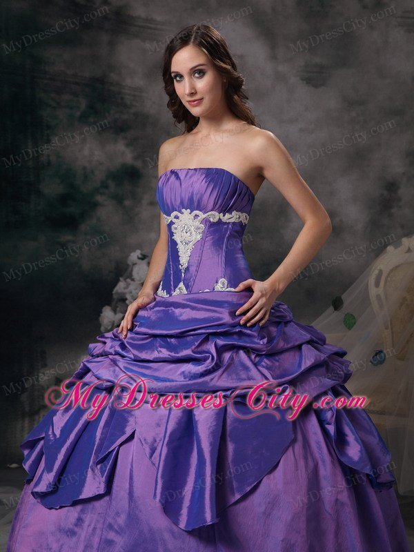 Strapless Taffeta Appliques Purple Dress for Quinceanera